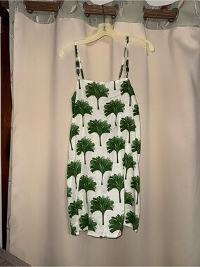 Green Palm-Print White Mini Dress with Spaghetti Straps